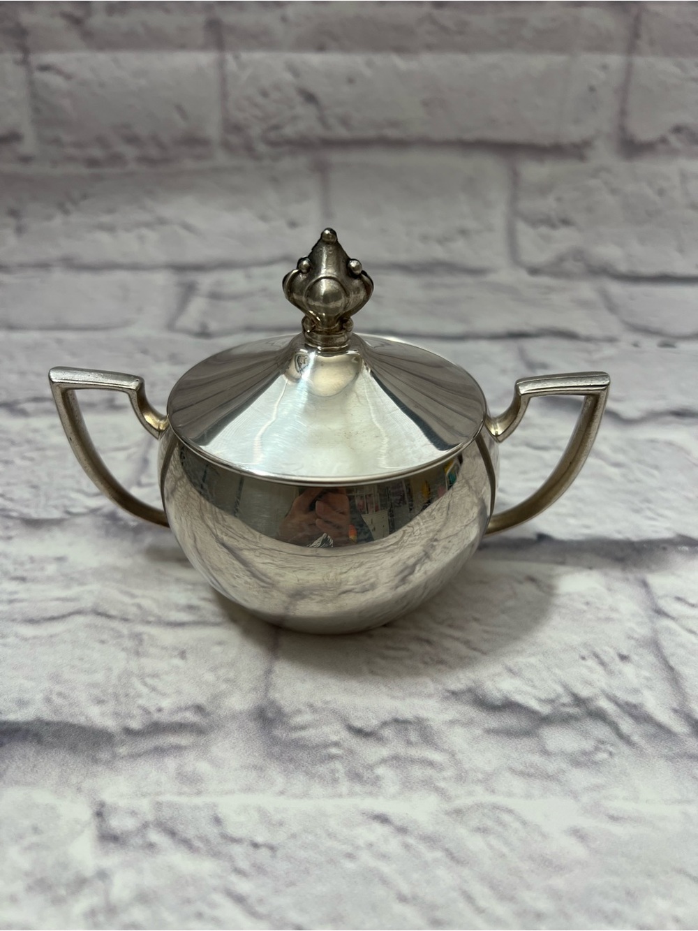 Vintage Art Deco inspired silver plated lidded Sugar Bowl with Dual Handles